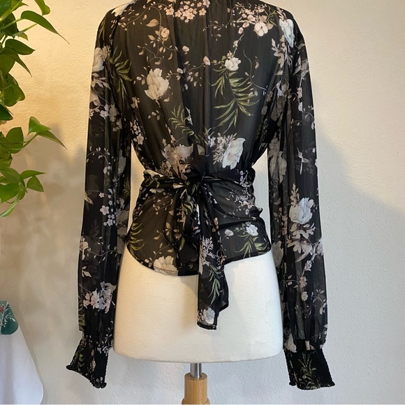 Sheer black floral high neck tie waist blouse - Picture 6 of 15